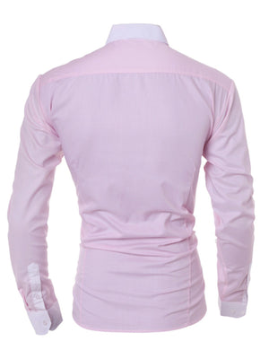 Men's pink slim fit long sleeve cotton shirt with white collar and cuffs.