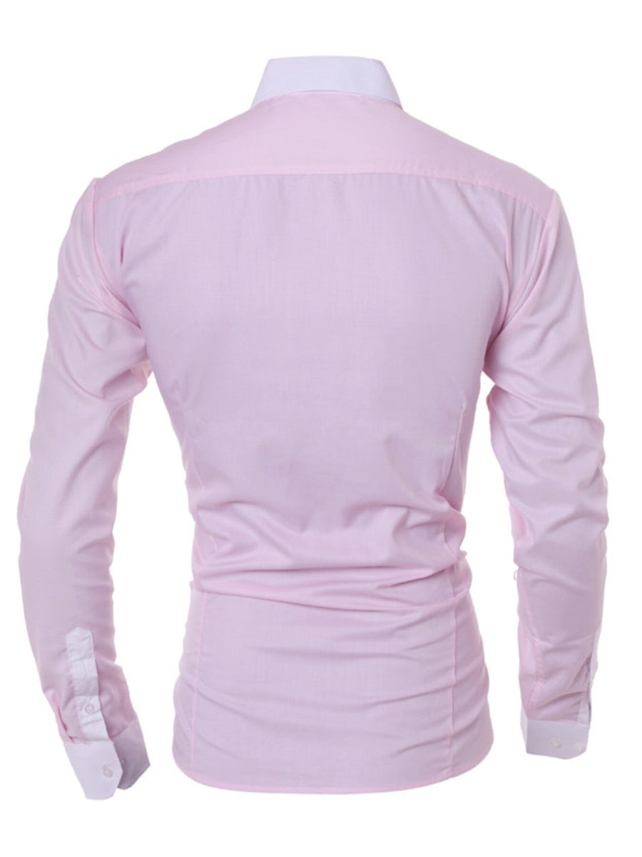 Men's pink slim fit long sleeve cotton shirt with white collar and cuffs.