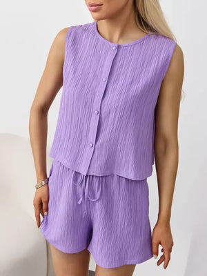 Purple textured cotton tank and shorts set with button front and drawstring waist.