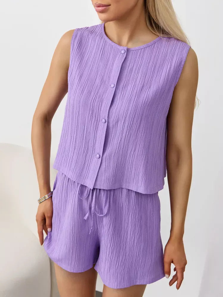 Purple textured cotton tank and shorts set with button front and drawstring waist.
