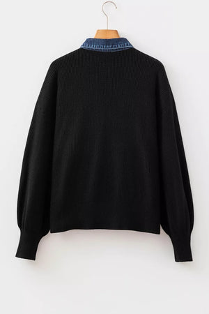 black cardigan with hip-length and button-front