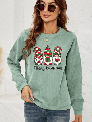 Sage corduroy sweatshirt with three Christmas gnomes and Merry Christmas text.
