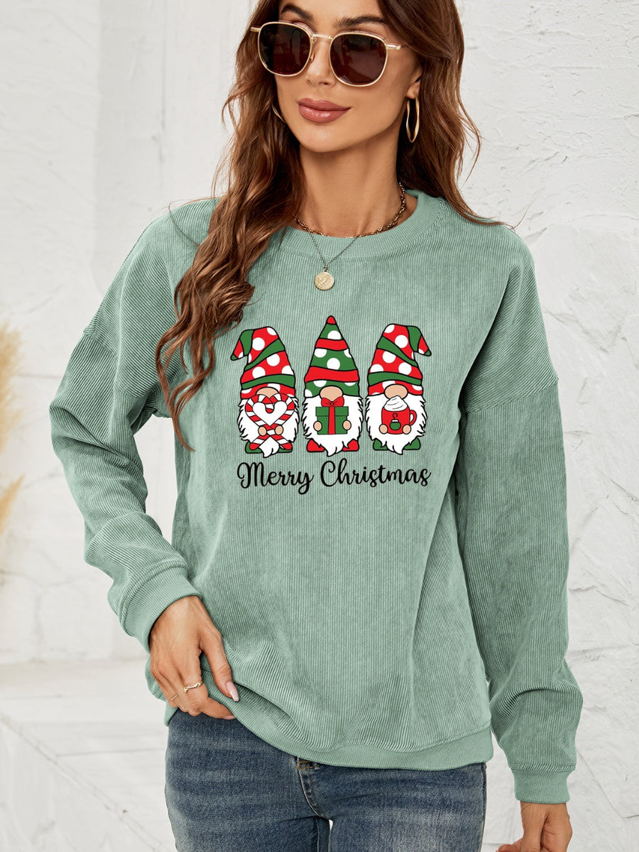 Sage corduroy sweatshirt with three Christmas gnomes and Merry Christmas text.
