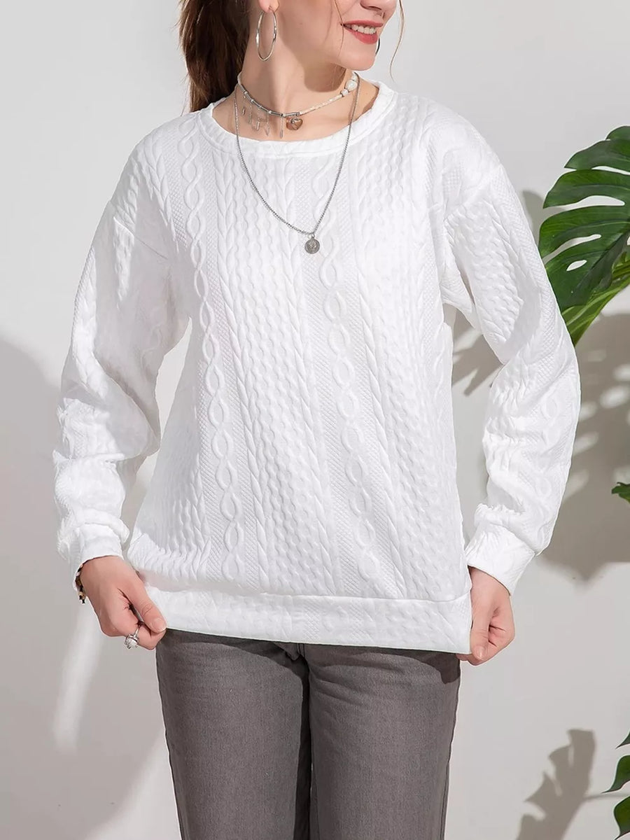 White with Textured Knit Crewneck Sweatshirt