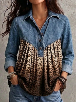 denim blue blouse with leopard and collared