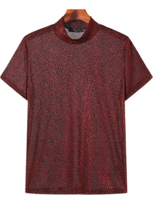 Burgundy textured velvet mock neck tee with short sleeves.