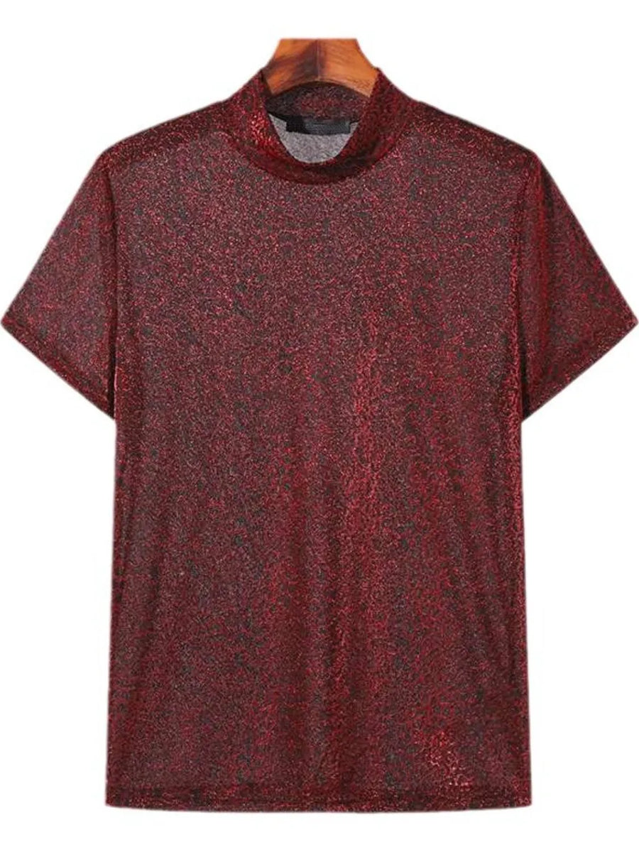 Burgundy textured velvet mock neck tee with short sleeves.