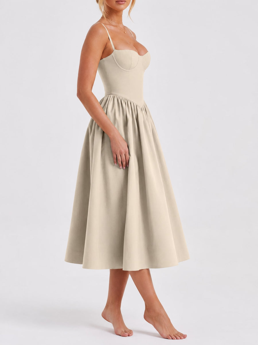 Polyester blend containing at least 50% but less than 70% polyester midi dress in Red with fit-and-flare silhouette