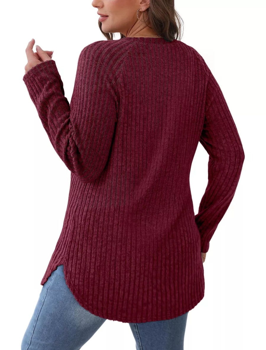 Ribbed knit maternity t-shirt in Rust, long sleeve, crew neck, curved hem