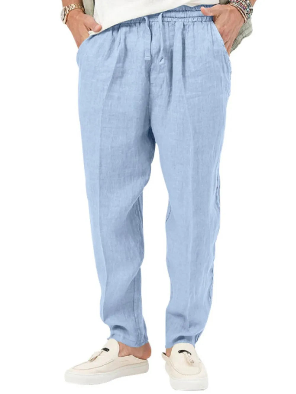 Light blue linen drawstring relaxed fit trousers with adjustable waist