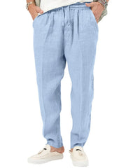 Light blue linen drawstring relaxed fit trousers with adjustable waist