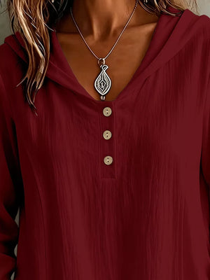 Button Detail Long Sleeve Hooded Blouse in Khaki with buttoned