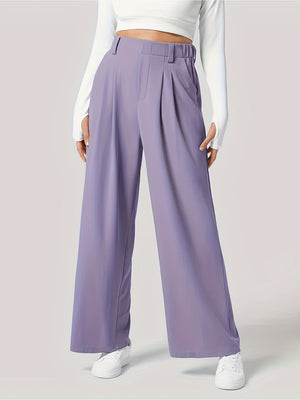 Lilac pleated wide-leg tailored trousers with a high waist and relaxed fit.