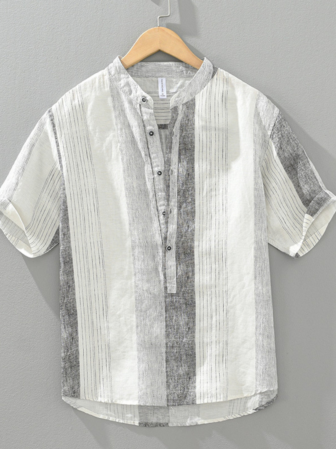Color block striped cotton shirt with short sleeves and band collar.