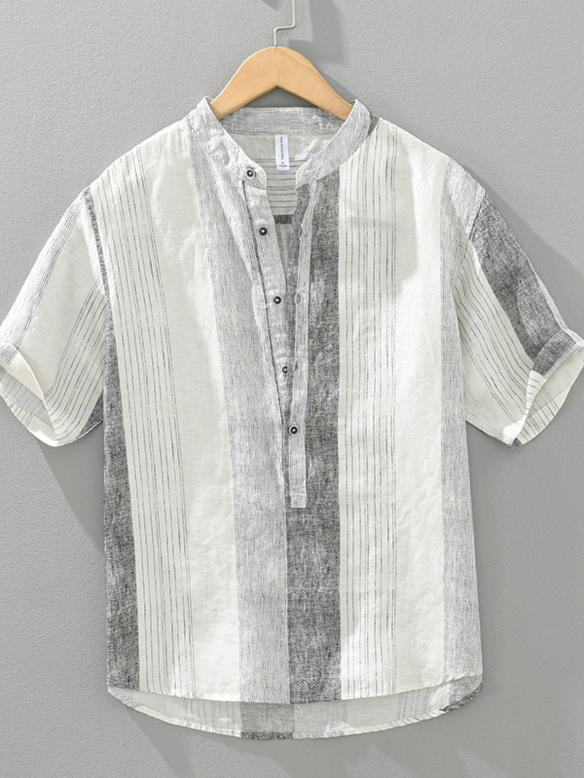 Color block striped cotton shirt with short sleeves and band collar.