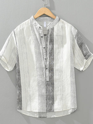 Color block striped cotton shirt with short sleeves and band collar.