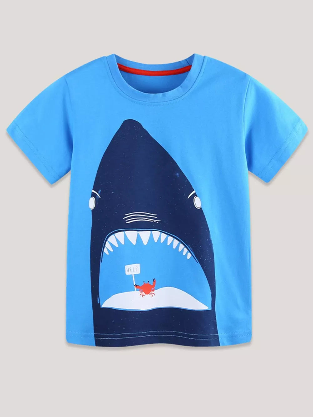 Blue cotton t-shirt with a shark graphic and a crab holding a HELP sign.