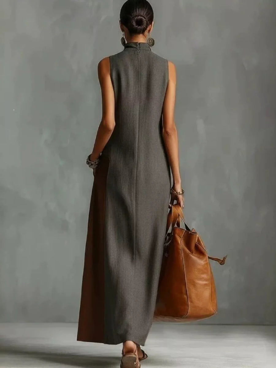Caramel Color Block Mock Neck Sleeveless Maxi Dress Plus Size