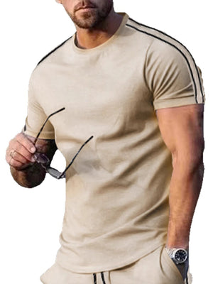 Men's apricot cotton crew neck t-shirt with black shoulder stripes