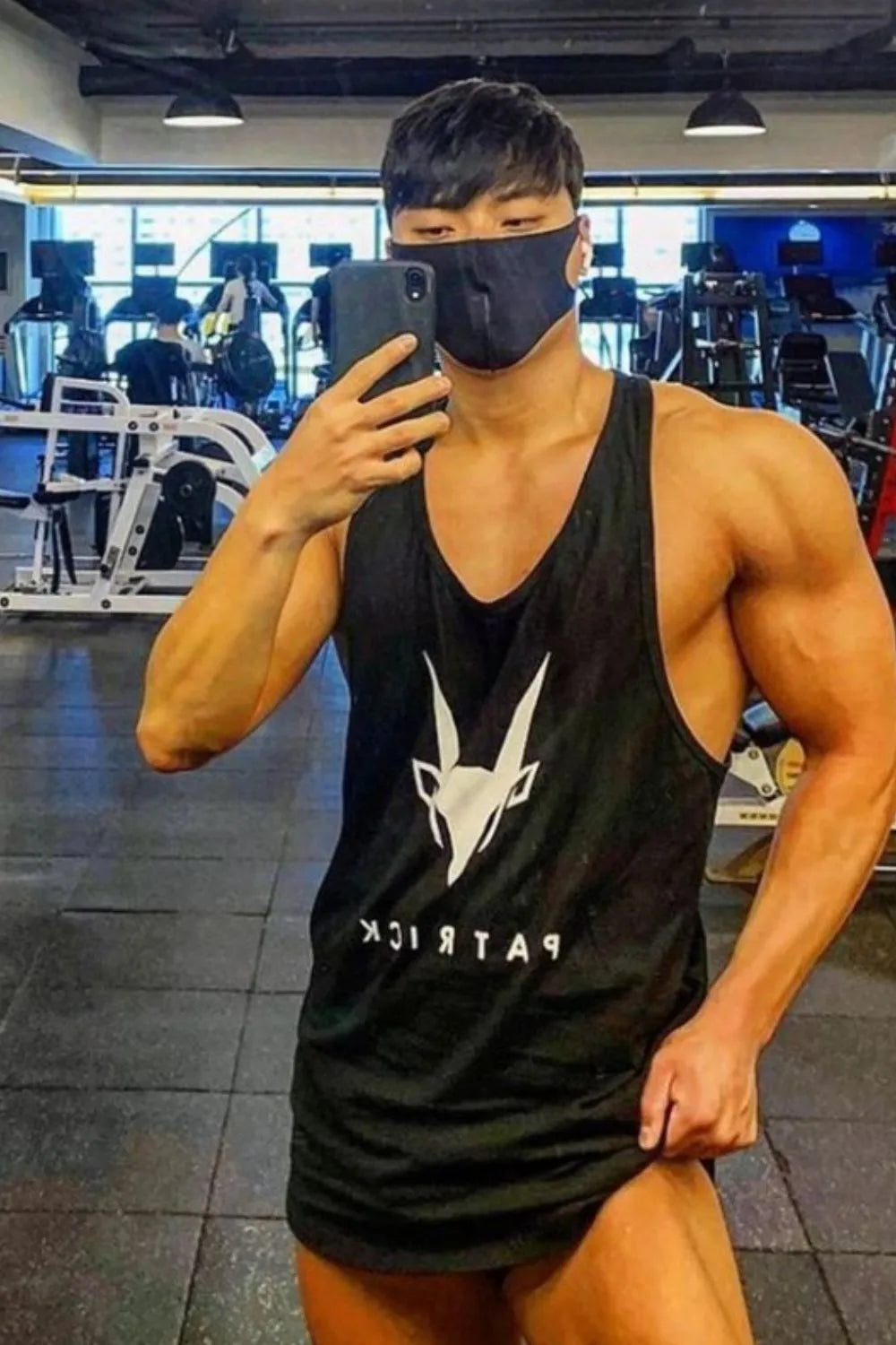 Black graphic logo performance tank top with a V-neck and athletic fit