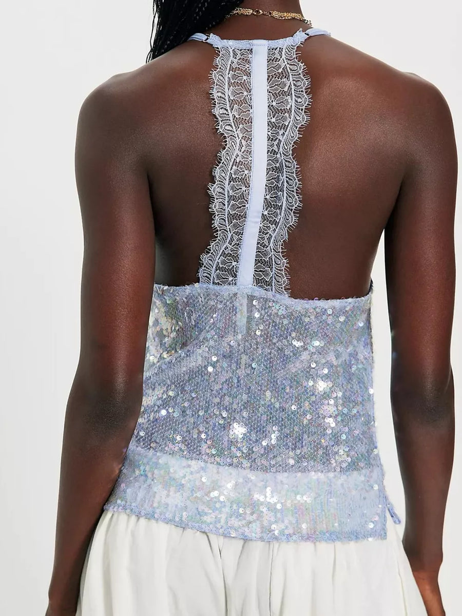 Blue sequin halter cami with white lace trim detail on back and hem.