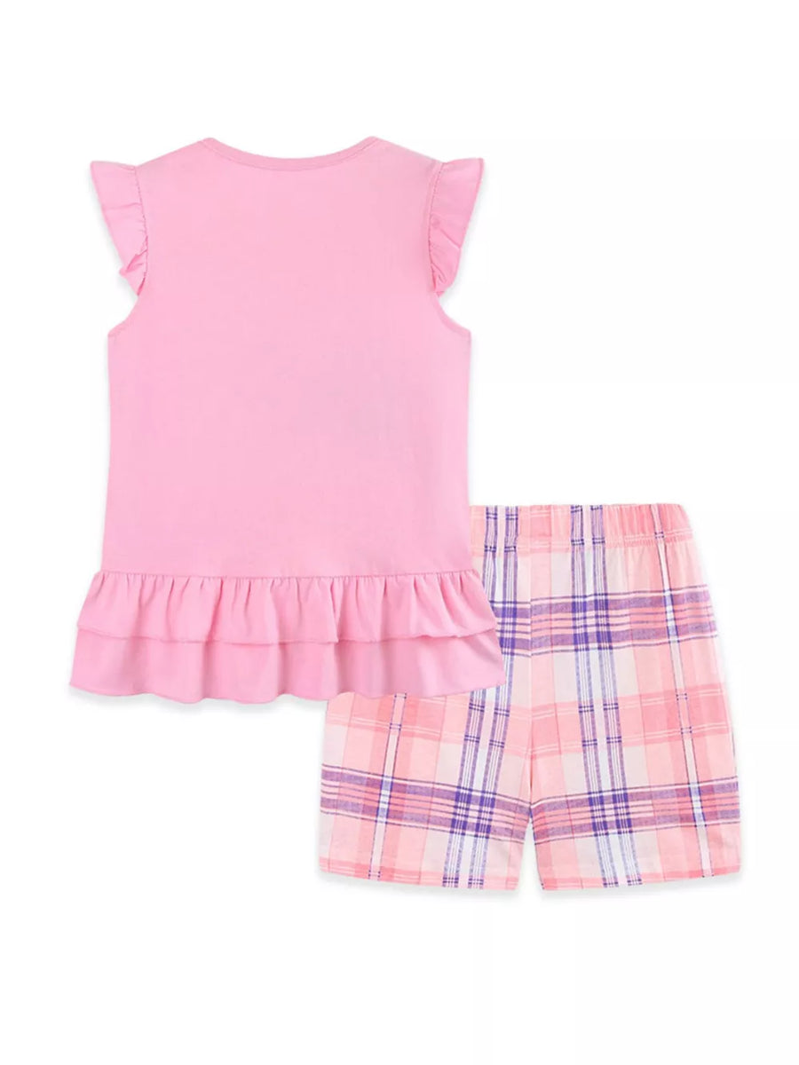 Pink ruffle sleeve top with tiered hem and plaid shorts set for girls
