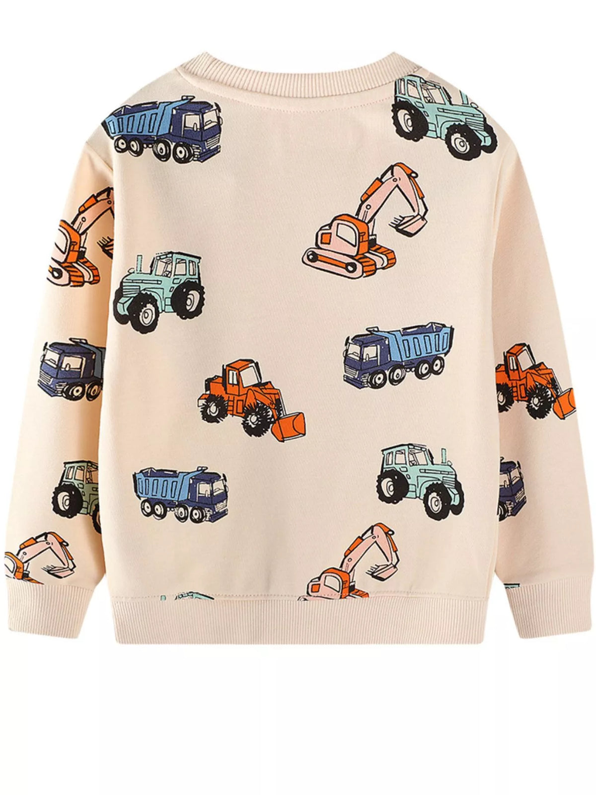 Tan crew-neck sweatshirt with allover cartoon construction vehicle print.