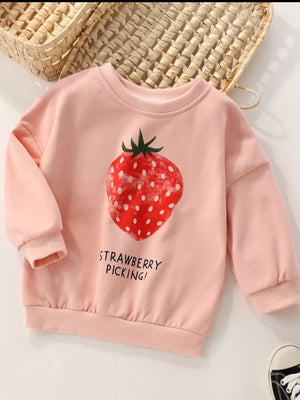Kids' watermelon pink cotton sweatshirt with strawberry graphic and text.