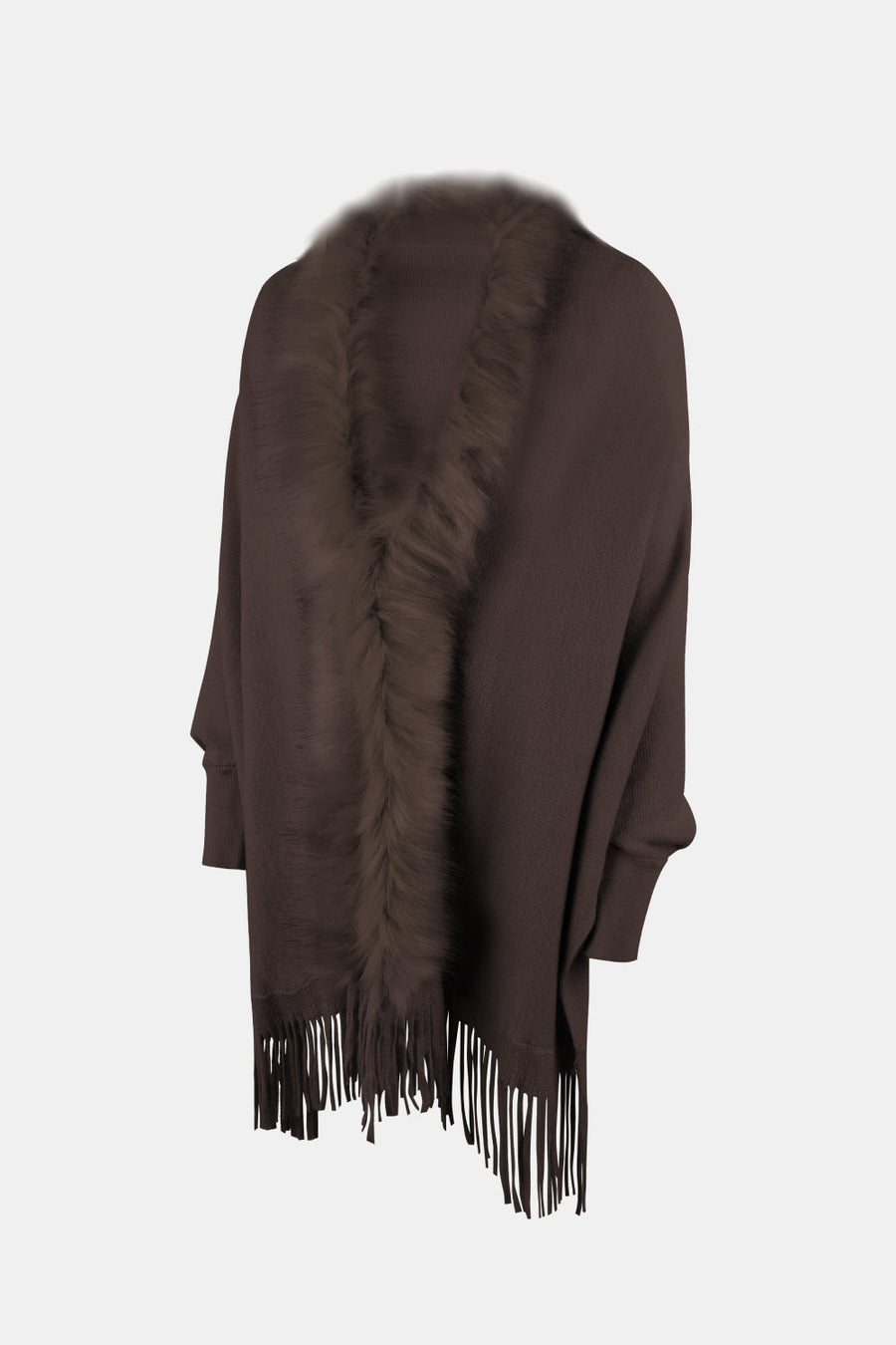 Chocolate faux fur trimmed fringe cape with wide sleeves.