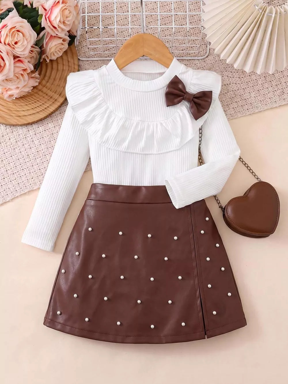 White Children's Ruffled Long Sleeve Top And Skirt Set