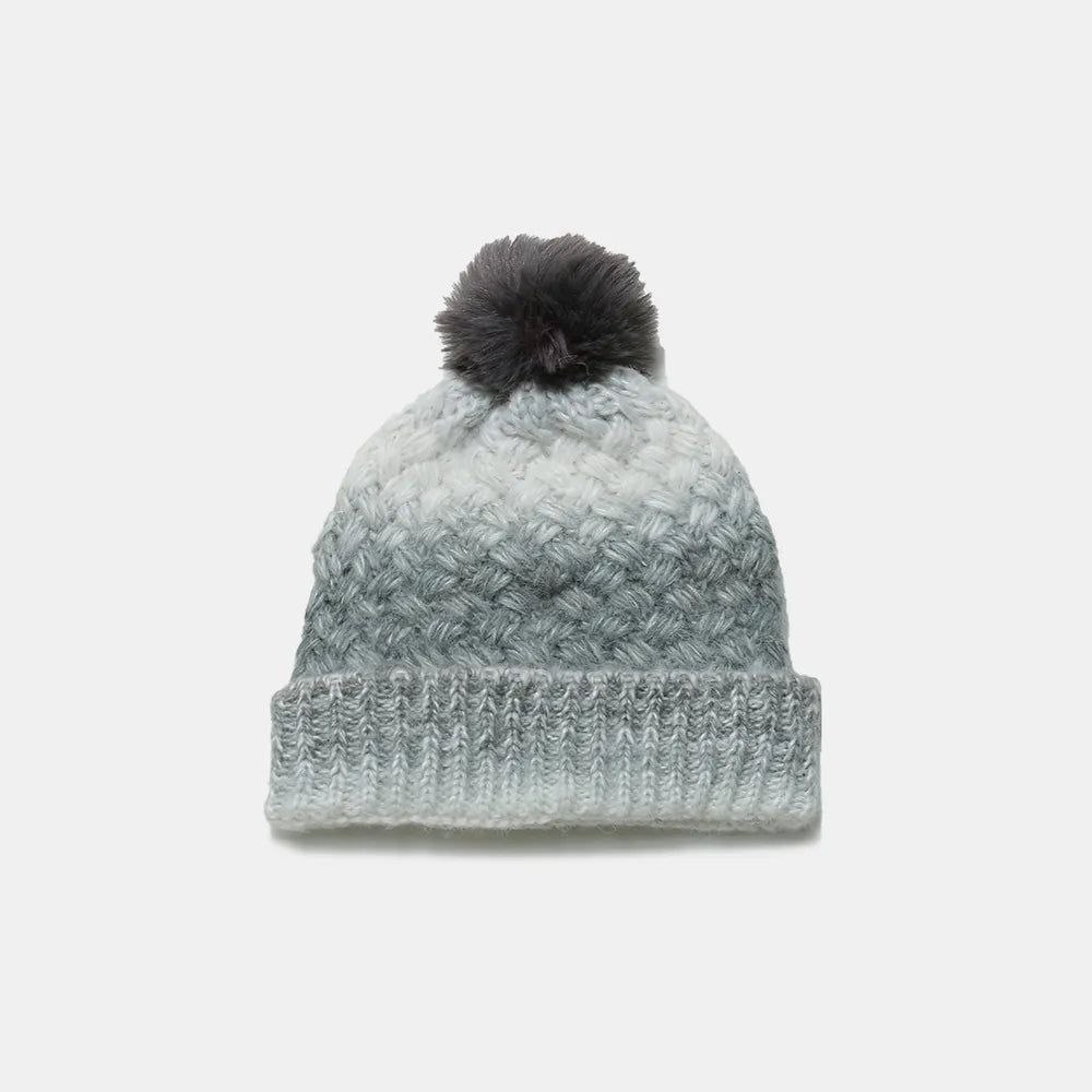 Gray ombre knit beanie with textured pattern and dark gray pom.