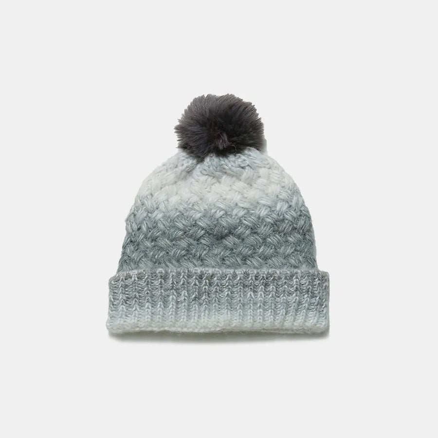 Gray ombre knit beanie with textured pattern and dark gray pom.