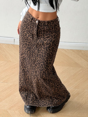 dark brown maxi skirt featuring raw hem and leopard