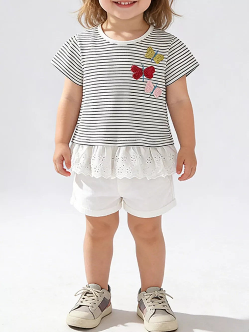 Kids' striped t-shirt with embroidered butterflies and eyelet trim