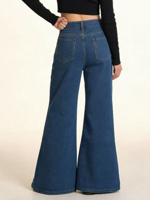 Maternity high-waisted flare jeans in dark wash denim with a wide leg