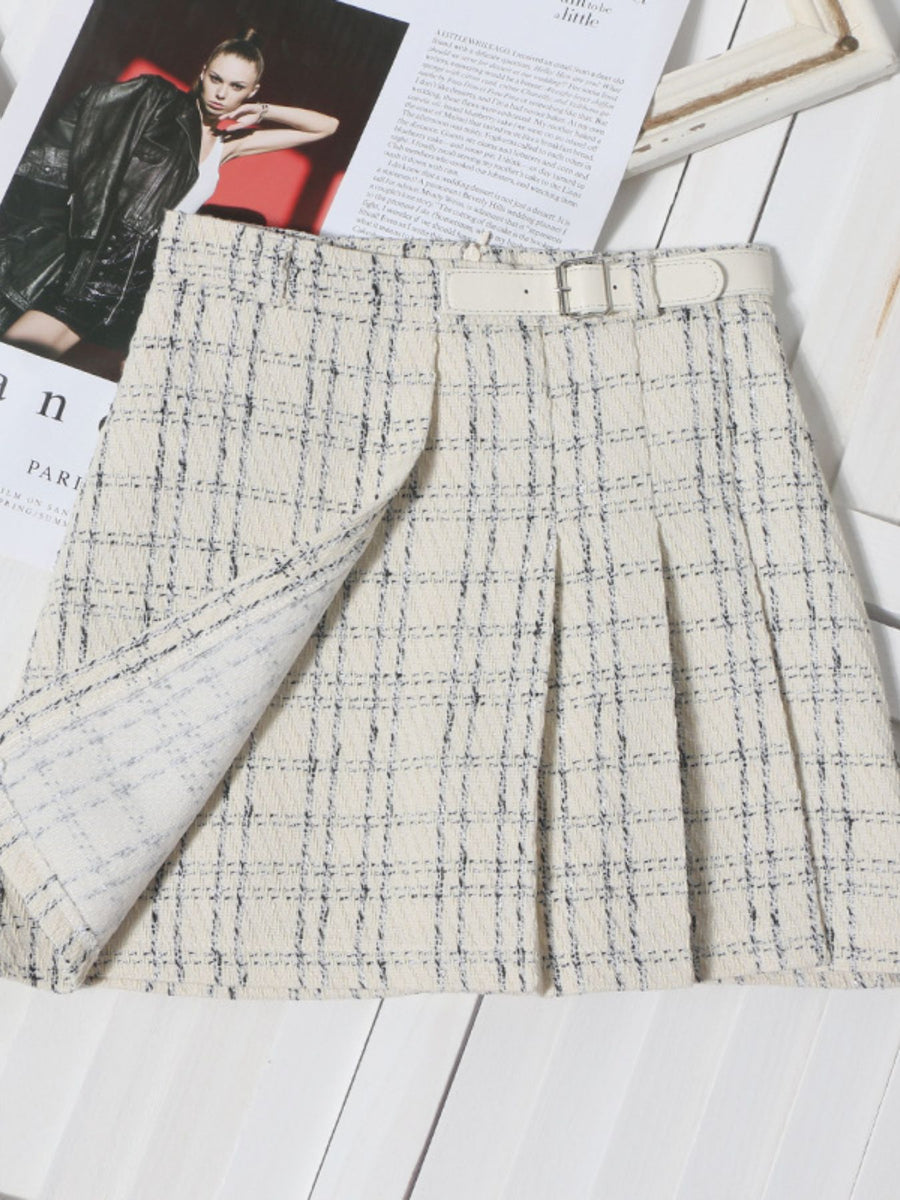 Beige plaid mini skirt with belt and asymmetrical ruched detail