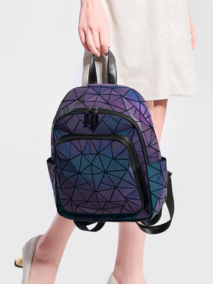 dark blue backpack featuring adjustable straps and geometric