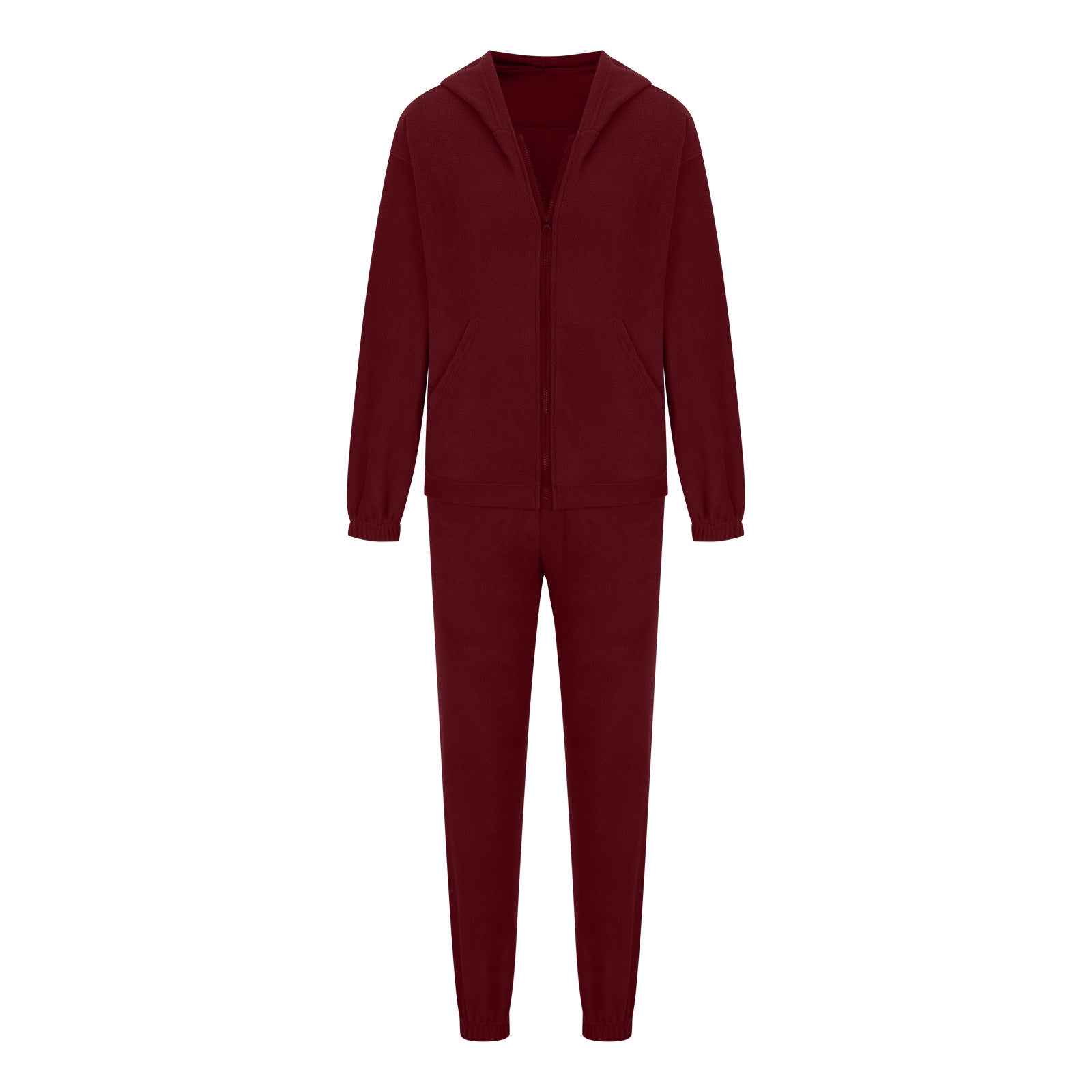 Burgundy fleece hoodie with zipper and pockets, paired with matching jogger pants.