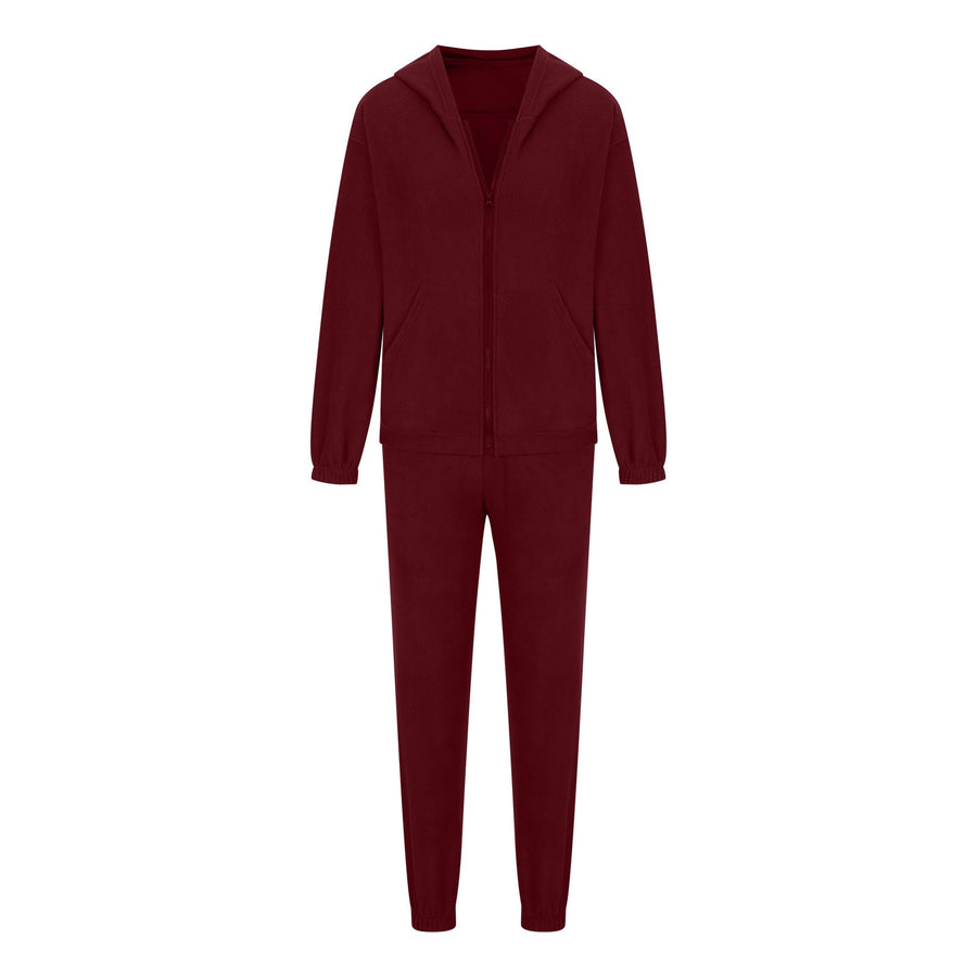 Burgundy fleece hoodie with zipper and pockets, paired with matching jogger pants.