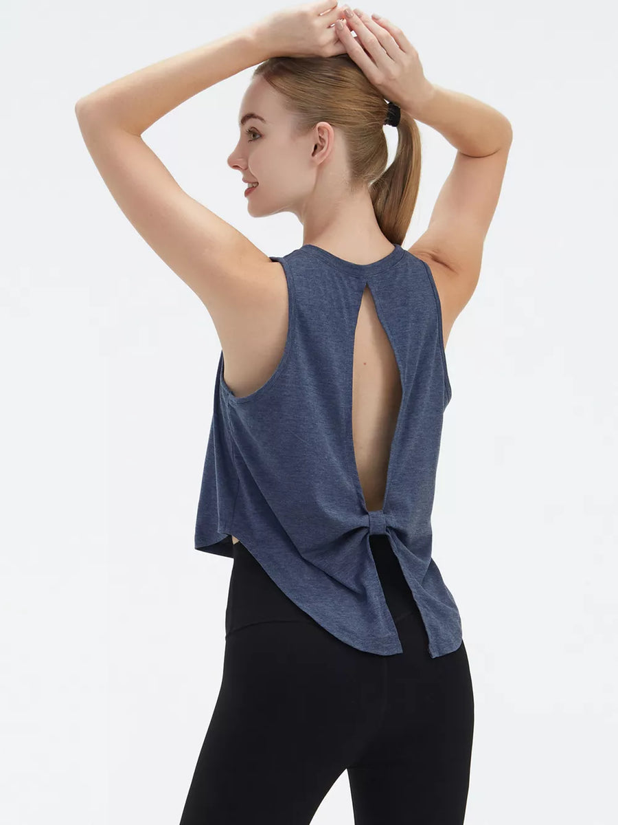 Blue heathered sleeveless tank top with open back and tie detail