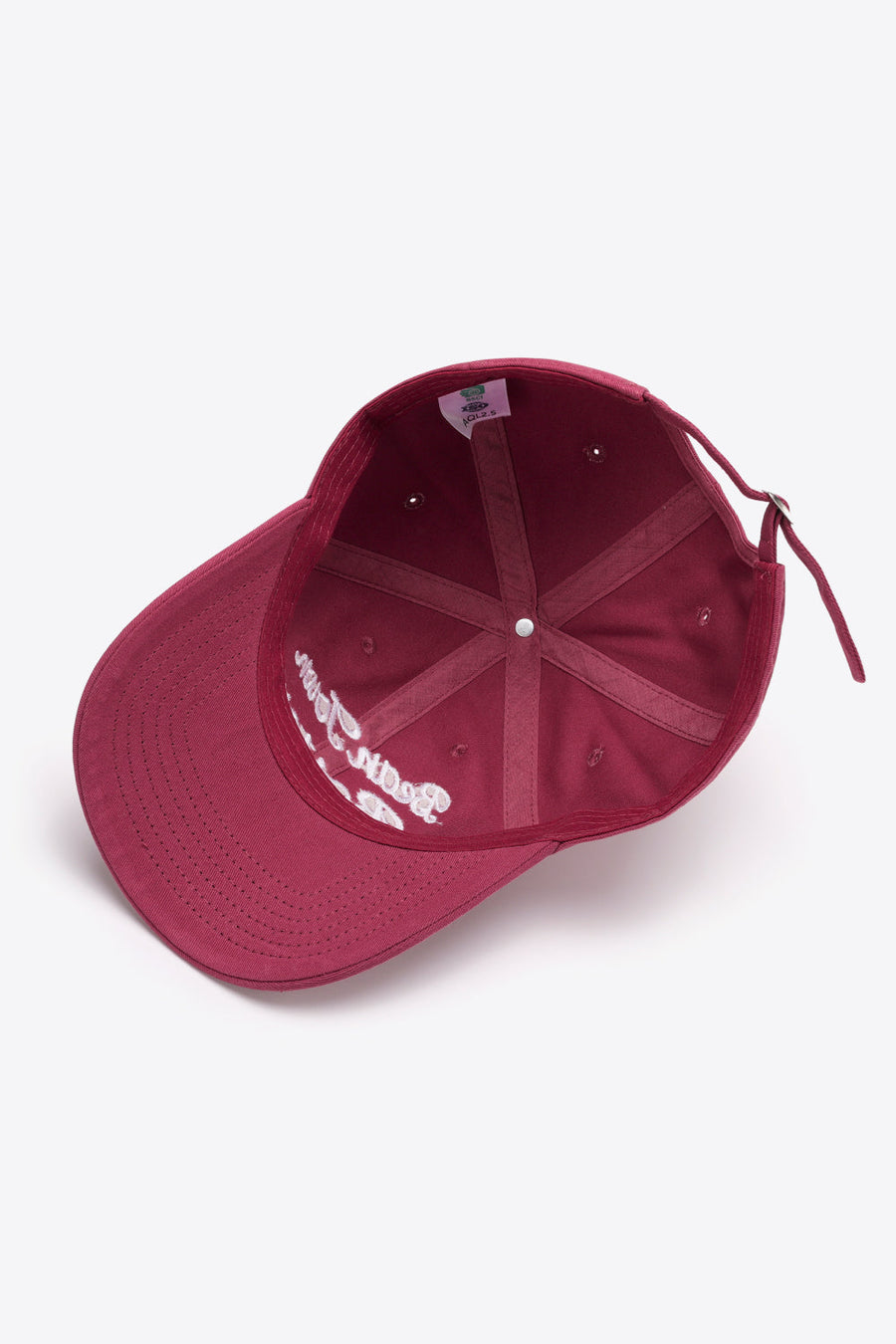 Deep Red baseball cap with white embroidered "Boston" script and adjustable strap.