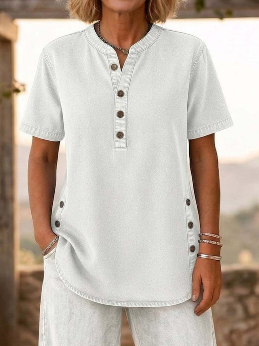 White pajama set with tunic-length and half-button