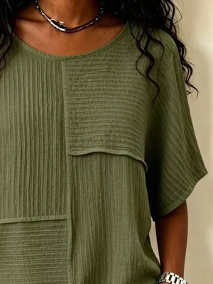 Black Full Size Texture Round Neck Half Sleeve Blouse