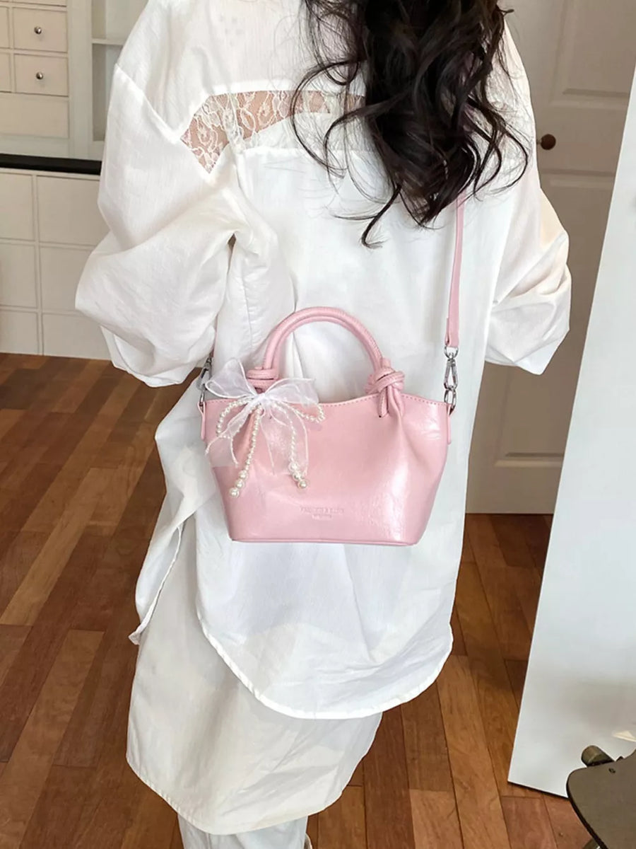 Bowknot Pearl Decor Crossbody Bag in Pink with bowknot