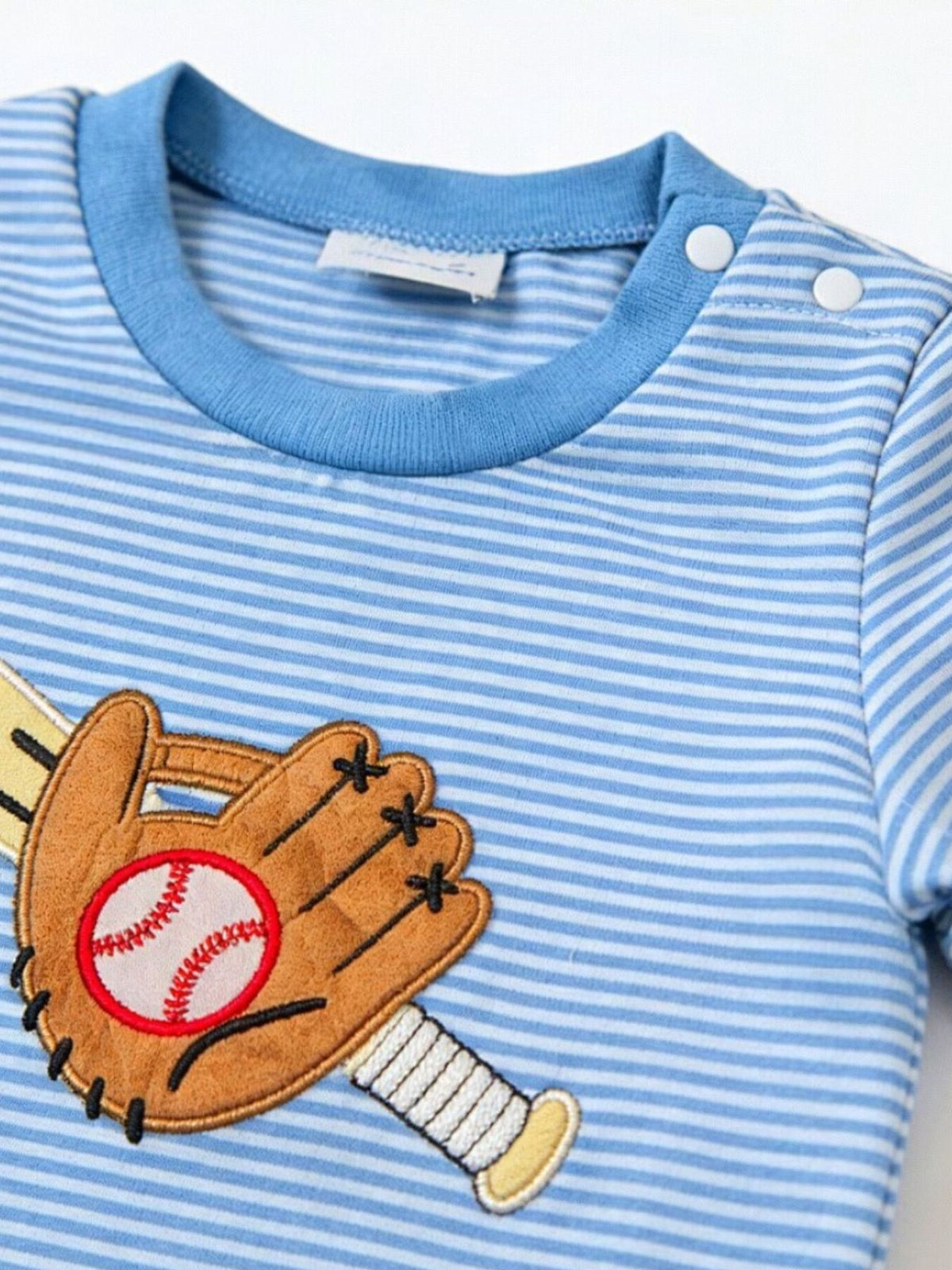 Blue striped baby bodysuit with embroidered baseball glove and bat detail.