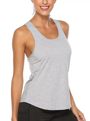 Grey racerback tank top with scoop neck, made of soft jersey fabric.