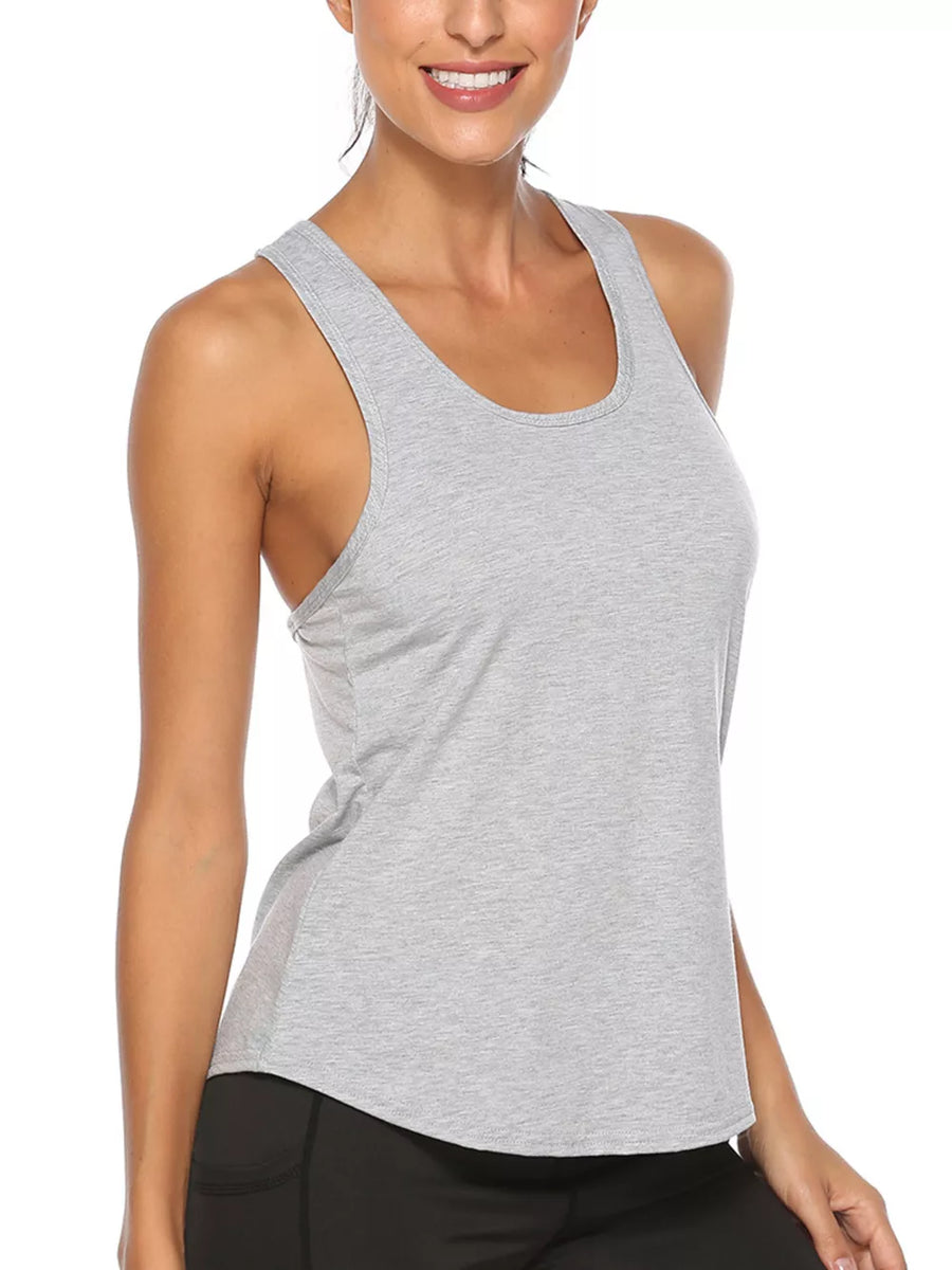Grey racerback tank top with scoop neck, made of soft jersey fabric.
