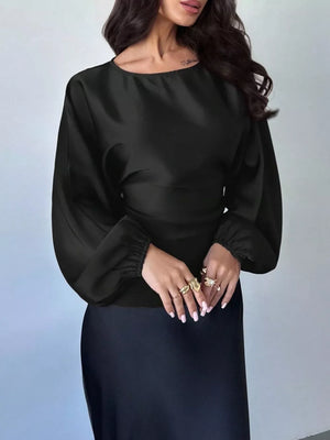 Dark Red blouse featuring elastic cuffs and polka dot