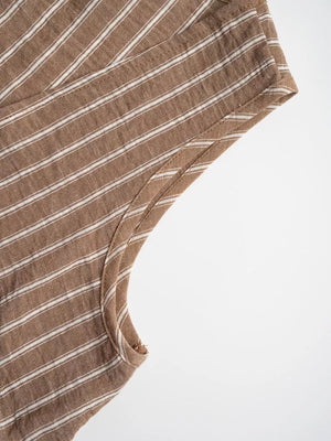 Chic striped two-piece set in camel with white pinstripes and a tie-front detail.