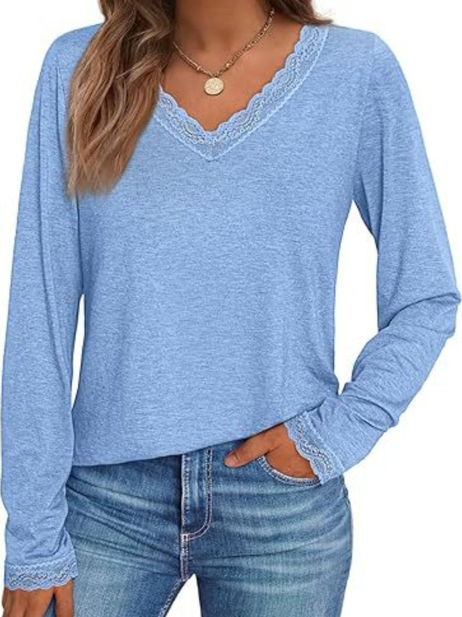 Light blue long sleeve t-shirt with lace trim V-neck and cuffs.